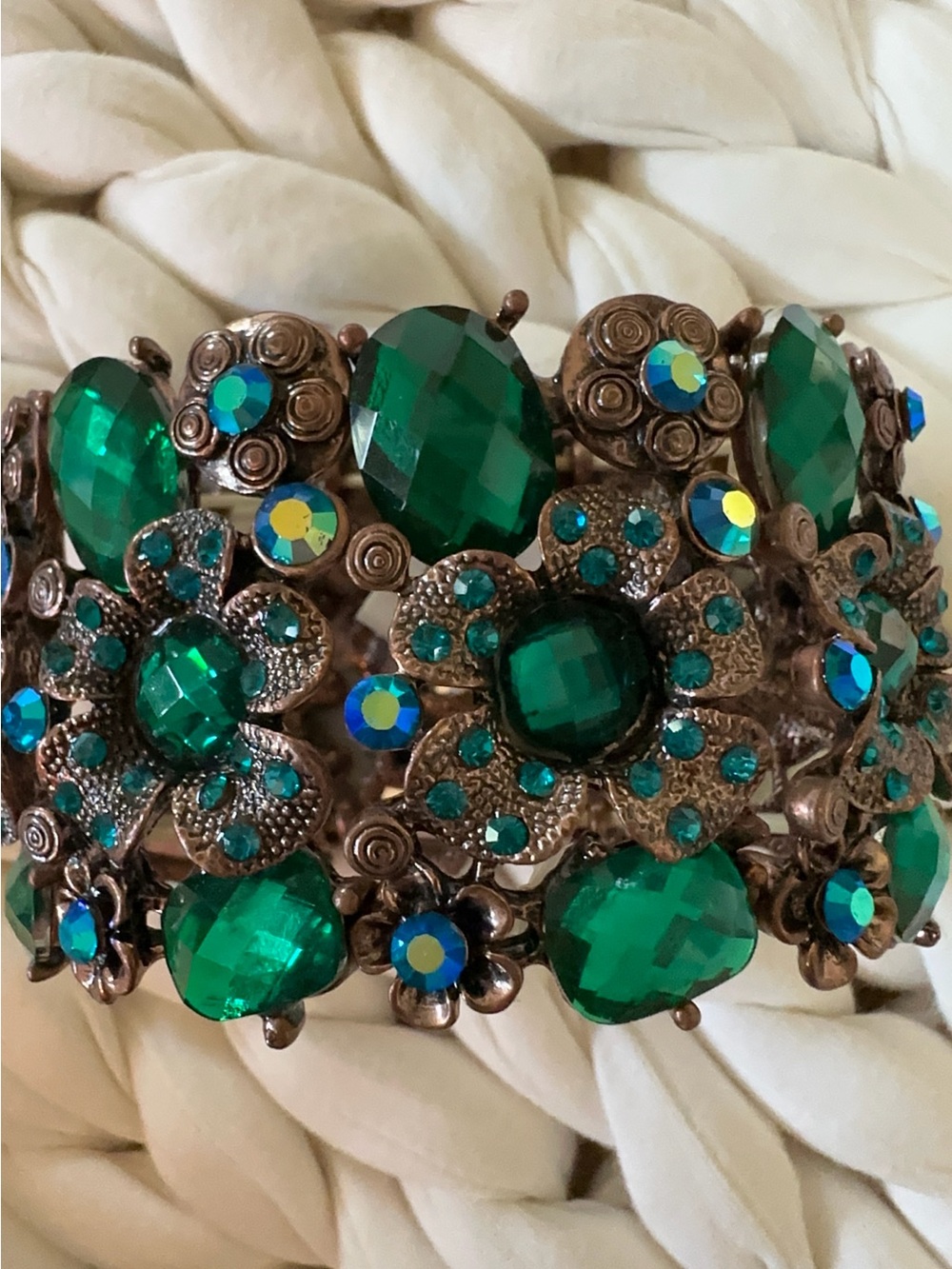 Vintage-Inspired Green Crystal Floral Cuff Bracelet - Unbranded